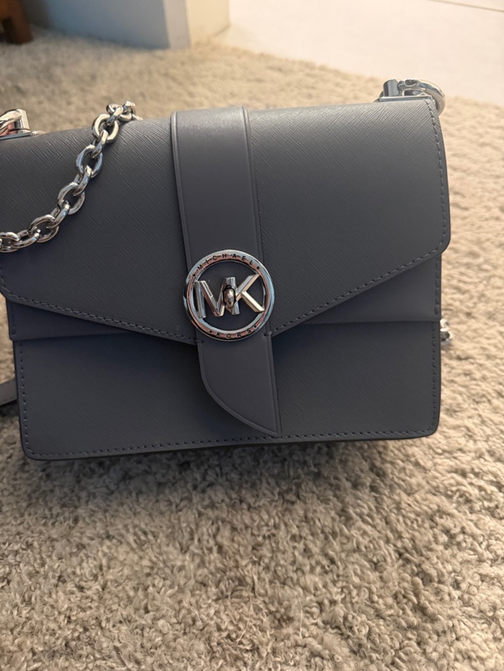 Michael Kors Gray Leather MK Chain-Handle Crossbody